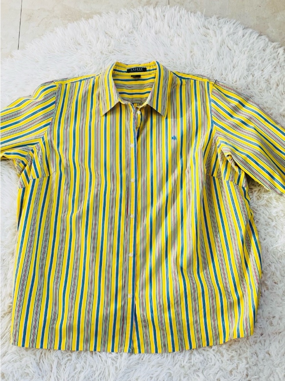 LAUREN RALPH LAUREN Yellow Striped Button Front Shirt 3x Cotton RL Logo - Picture 2 of 11